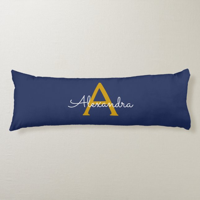 Coussins Longs Marine Blue Gold Modern Script Girl Monogramme Nom (Devant)