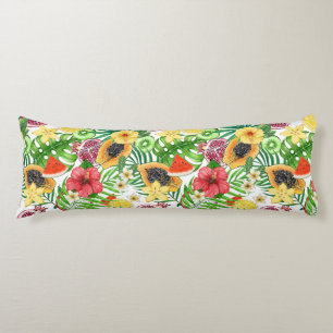 Coussins Longs Mix-fruit tropical, fleurs et feuilles sur blanc