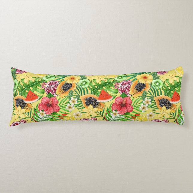 Coussins Longs Mix-fruit tropical, fleurs et feuilles sur jaune (Devant)