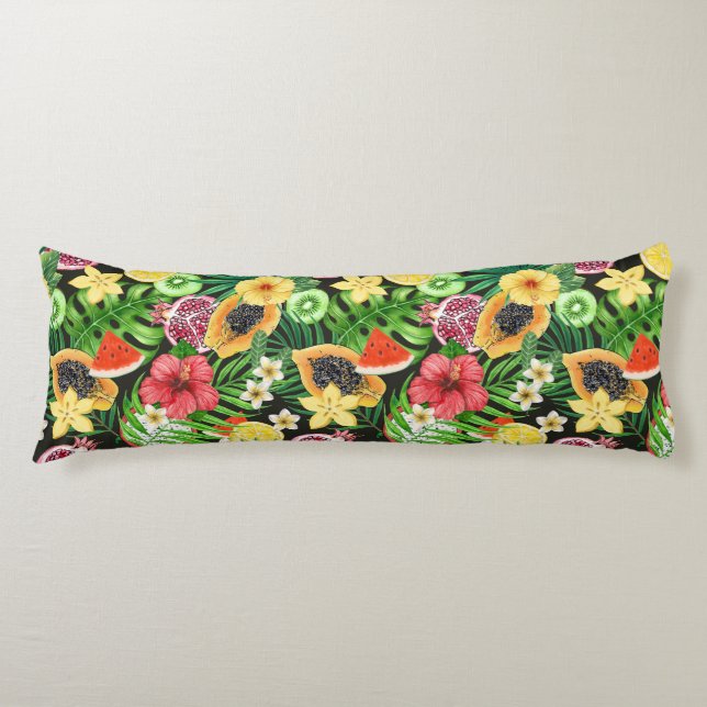 Coussins Longs Mix-fruits tropicaux, fleurs et feuilles en noir (Devant)