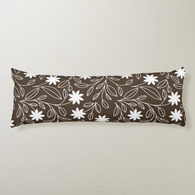 Coussins Longs Moderne feuille de fleurs blanches Mocha Brown (Devant)