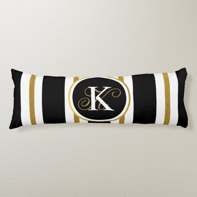 Coussins Longs Monogramme Elégant Noir & Or Personnalisé (Devant)
