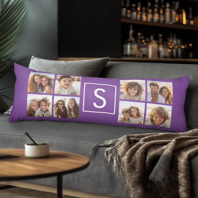 Coussins Longs Monogramme personnalisé Eggplant et collage photo  (Custom Photo Collage and Monogram Body Pillow)