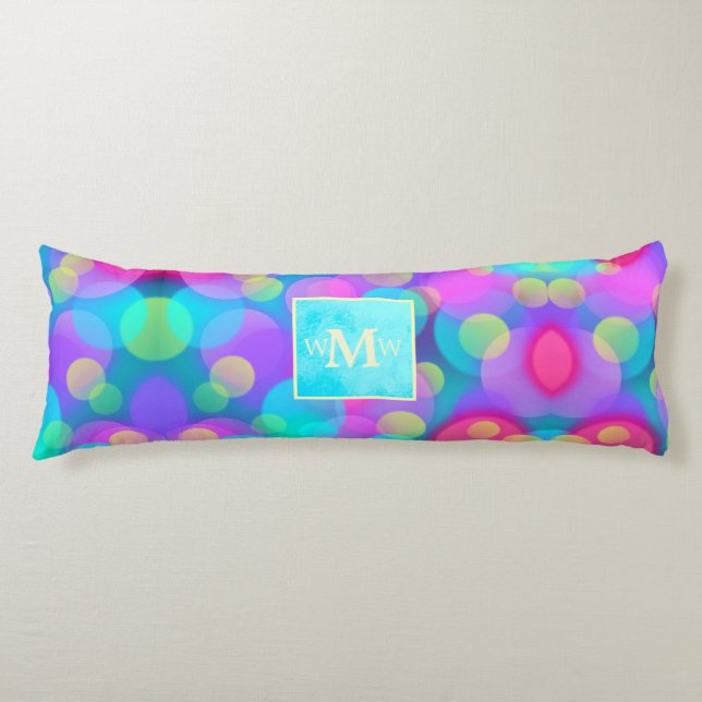 Coussins Longs Monogramme rose chaud et turquoise personnalisé (Devant)