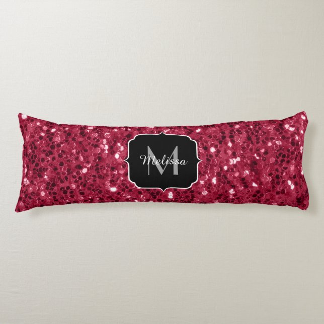 Coussins Longs Monogramme rose foncé magenta faux scintillants (Devant)