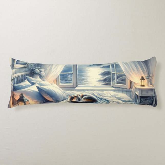 Coussins Longs Moonlit Coastal Bedroom with Sleeping Cat (Devant)