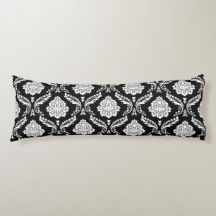 Coussins Longs Motif Damassé Rococo Blanc sur Noir