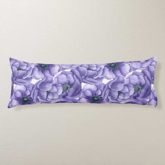 Coussins Longs Motif d'aquarelle de fleurs d'anémone violet (Devant)