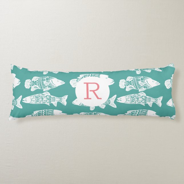 Coussins Longs Motif de poisson floral blanc côtier et vert mer (Devant)