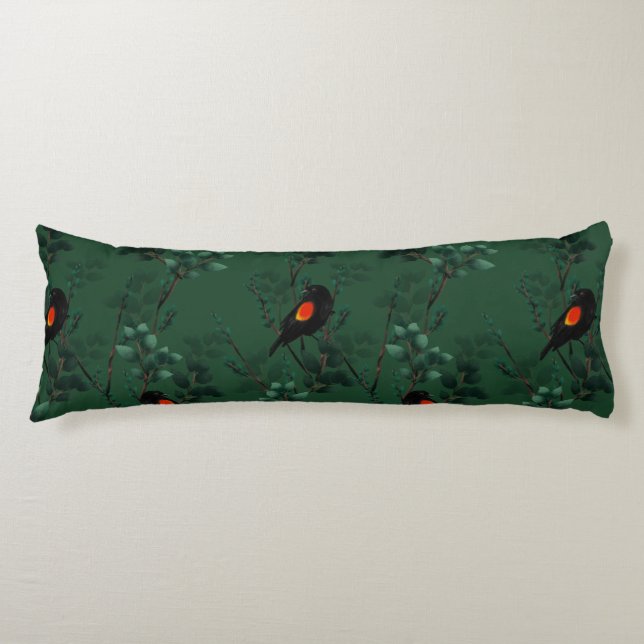 Coussins Longs Motif d'oiseau-noir à ailes rouges (Devant)