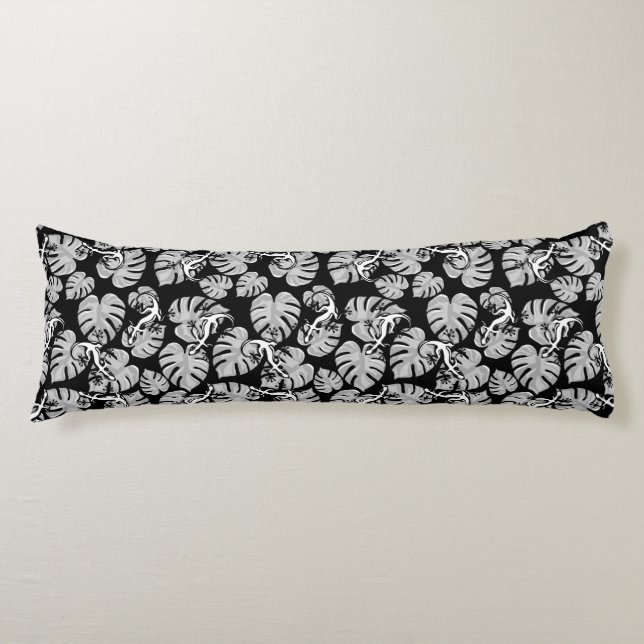 Coussins Longs Motif Noir Et Blanc - Geckos Et Feuilles (Devant)