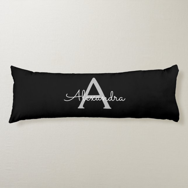Coussins Longs Noir Argent moderne Script Girl Monogramme Nom (Devant)