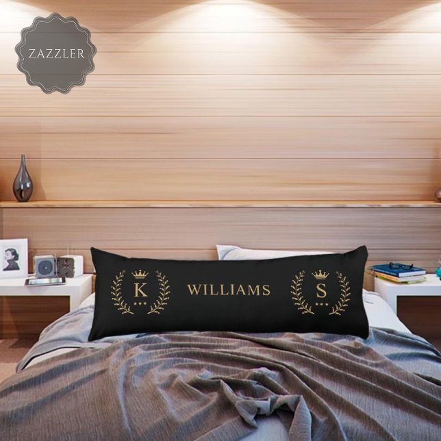 Coussins Longs Nom de la Personnaliser et premier monogramme noir (Customize Name & Initial Black White Gold Monogram Body Pillow)