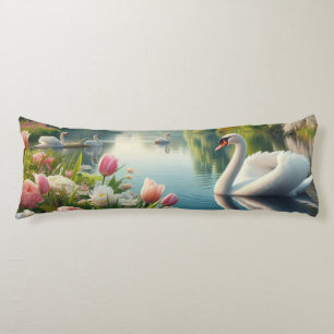Coussins Longs OEuvre d'art printanière du lac des cygnes floraux
