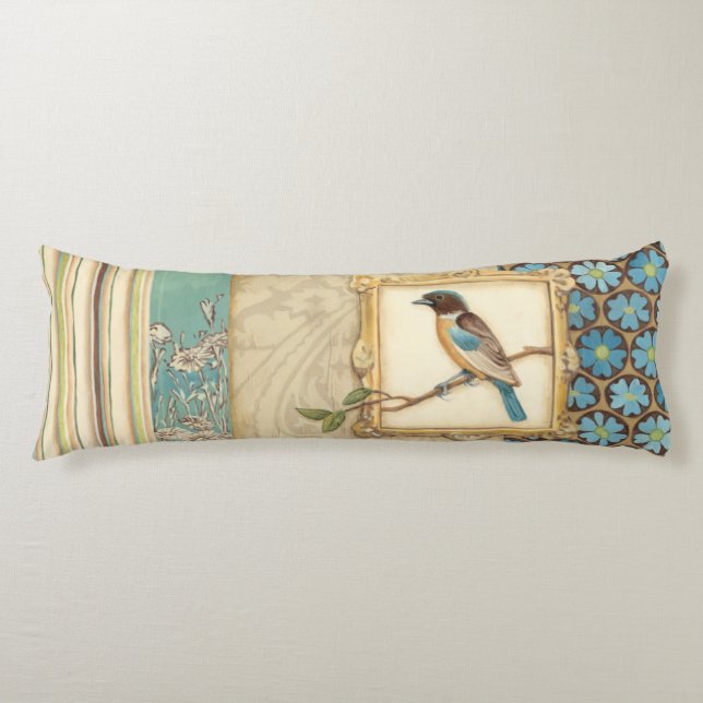 Coussins Longs Oiseau Brown et bleu sur une branche (Devant)