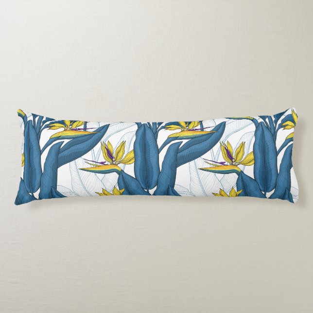 Coussins Longs Oiseau de fleurs de paradis sur blanc (Devant)