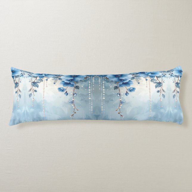 Coussins Longs Oreiller Corps Fleurs Bleues et Perles (Devant)