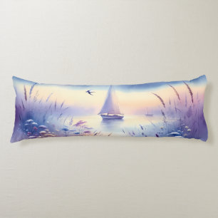 Coussins Longs Paysage côtier onirique au voilier pastel