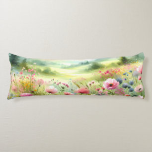 Coussins Longs Paysage de prairie fleurie pastel