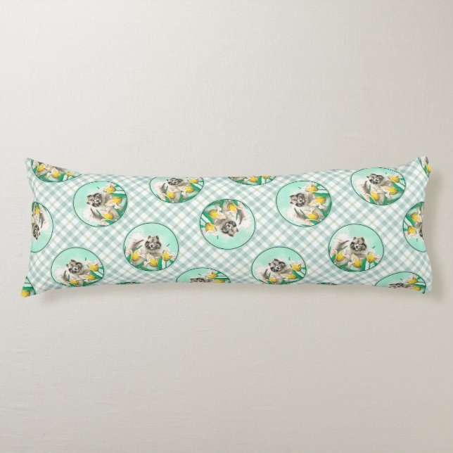 Coussins Longs Peinture Keeshond dans les tulipes mignonne art or (Devant)