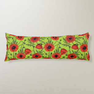 Coussins Longs Pépites, rouge et vert sur le vert citron