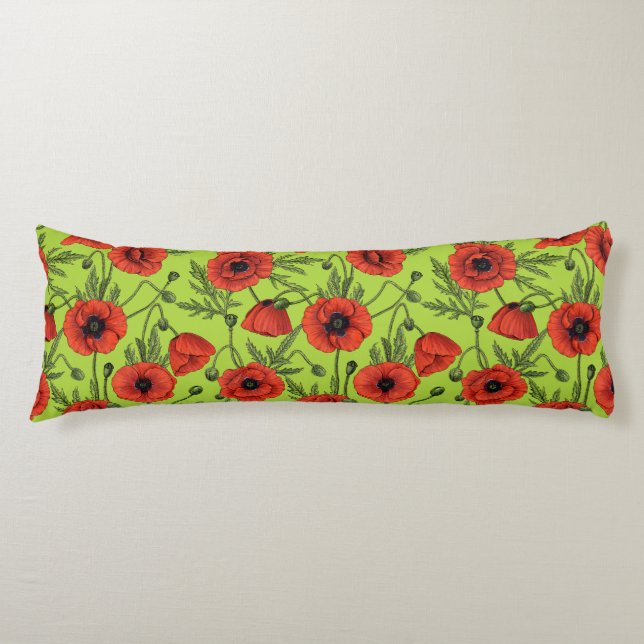 Coussins Longs Pépites, rouge et vert sur le vert citron (Devant)