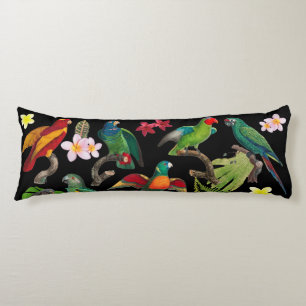 Coussins Longs Perroquets tropicaux colorés, Feuilles et fleurs