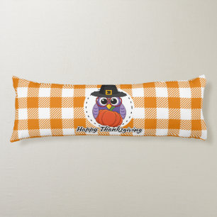 Coussins Longs Pilgrim owl on Orange Plaid - Happy Thanksgiving