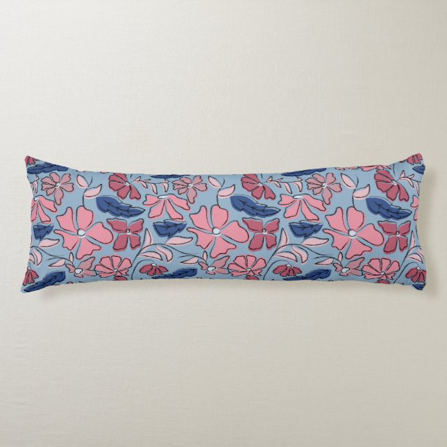 Coussins Longs Pink and Blue Hand Drake Floral Block Print (Devant)