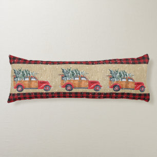 Coussins Longs Plaid de bisons noirs rouges, Camion rouge et arbr