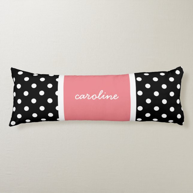 Coussins Longs Pois mignon, noir/blanc & Rose, Ajouter votre nom (Devant)