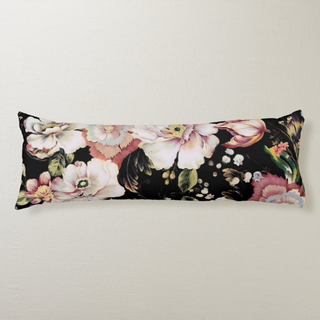 Coussins Longs Preppy bohème pays girly chic noir floral (Devant)