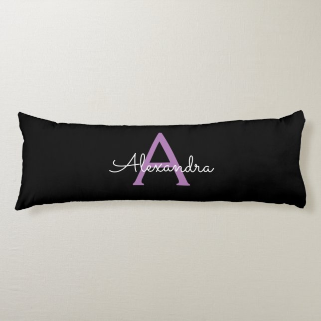 Coussins Longs Purple Black Script Girl Nom du monogramme (Devant)