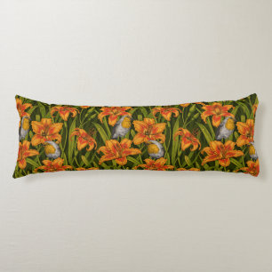 Coussins Longs Robins et fleurs de lys, orange et vert foncé
