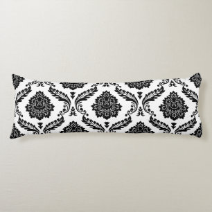 Coussins Longs Rococo Damassé Grand Motif Noir sur Blanc