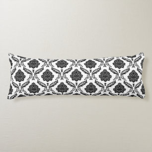 Coussins Longs Rococo Damassé Rpt Motif Noir sur Blanc