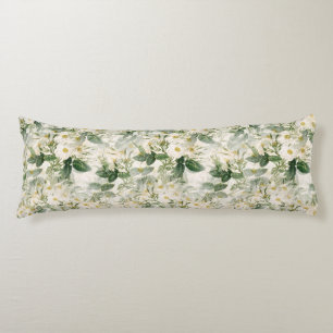 Coussins Longs Romantique Fleurs blanches douces et Feuilles vert