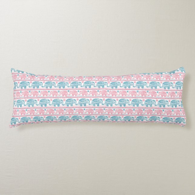 Coussins Longs Rose et motif ethnique turquoise d'éléphant (Devant)