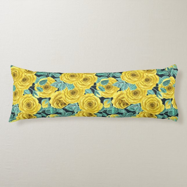Coussins Longs Roses d'aquarelle jaune avec feuilles et pattes de (Devant)