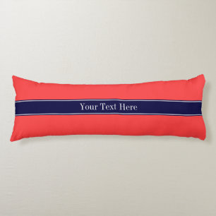 Coussins Longs Rouge Corail Uni, Monogramme avec Ruban Bleu Marin
