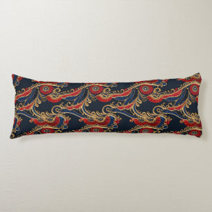 Coussins Longs Rouge riche, Marine, Or Flore Scroll