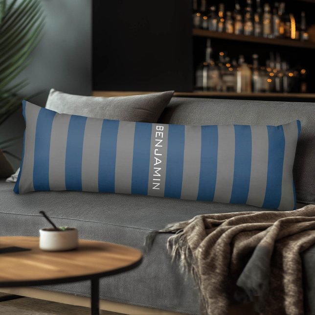 Coussins Longs Rugby bleu marine et gris avec nom personnalisé (Custom Body Pillow with a Sports Theme)