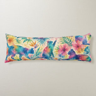 Coussins Longs Silhouettes de chats aquarelles tropicales colorée