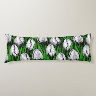Coussins Longs Tulières blanches avec feuilles verts