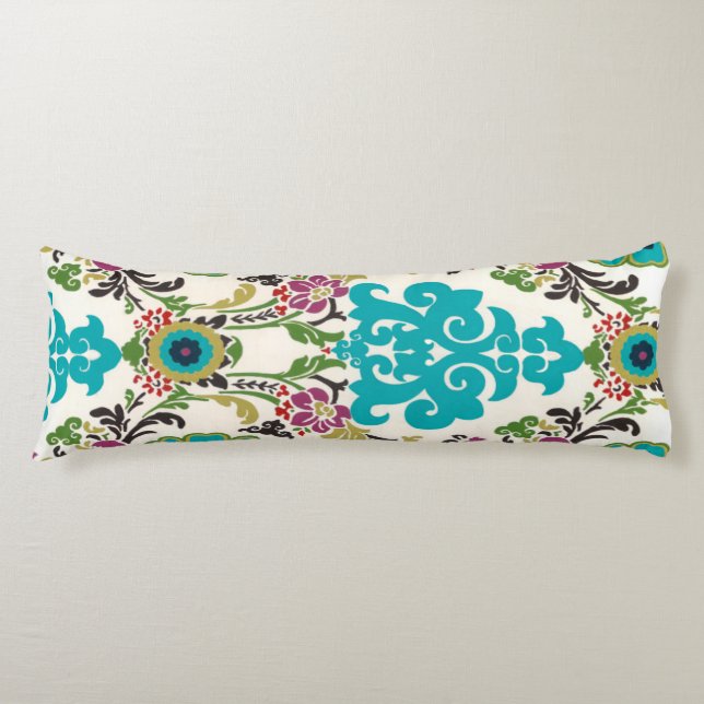 Coussins Longs Turquoise florale de prune de motifs de damassé (Devant)