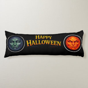 Coussins Longs Visages lunaires verts et orange Halloween fanta g