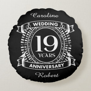 Coussins Ronds 19E anniversaire du mariage noir et blanc