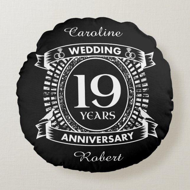 Coussins Ronds 19E anniversaire du mariage noir et blanc (Devant)