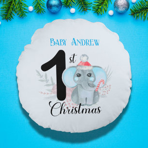 Coussins Ronds 1er Noël de bébé mignon éléphant bleu garde