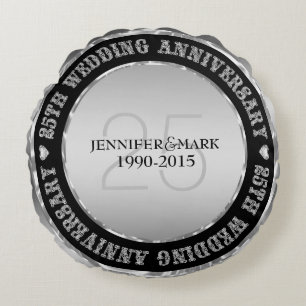 Coussins Ronds 25E Anniversaire Mariage Métallique Argent Et Noir